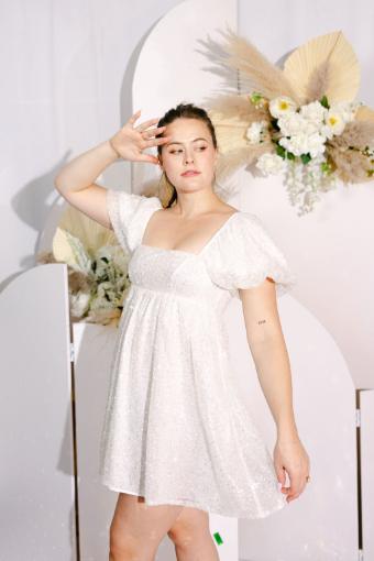 Rorey Babydoll Puff Sleeve dress with Sparkle and Pearl Detail #7 White thumbnail