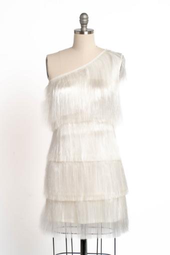 Zelda One Shoulder Tiered Tinsel Fringe Mini Dress #14 White thumbnail