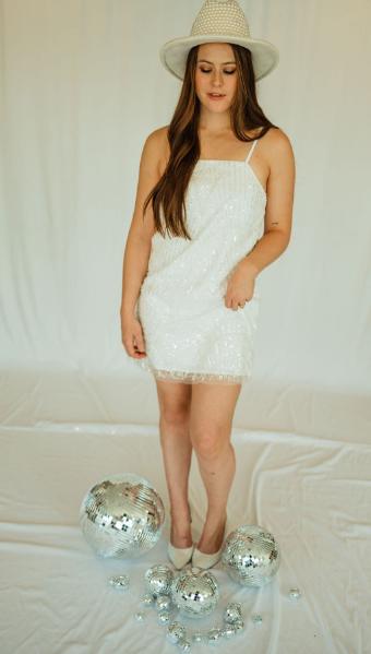 Daisy White Mini Dress with sequin and Pearl Detailing #5 White thumbnail