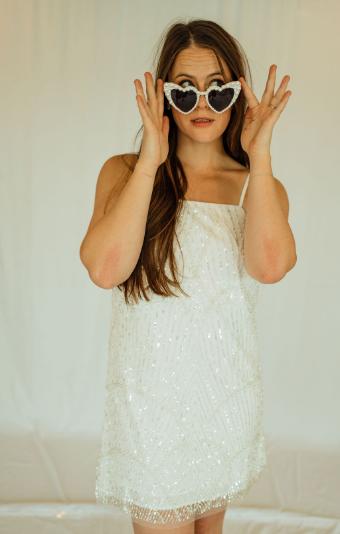 Daisy White Mini Dress with sequin and Pearl Detailing #7 White thumbnail