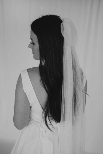 Fingertip length floppy soft tulle bow veil with scatted pearls #6 Iv thumbnail