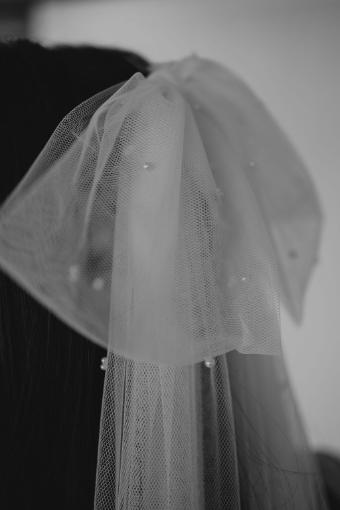 Fingertip length floppy soft tulle bow veil with scatted pearls #5 Iv thumbnail