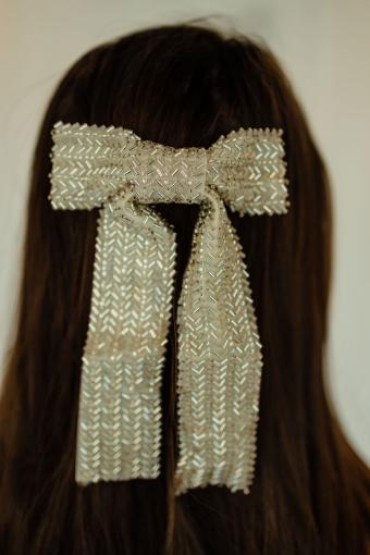 Silver Beaded Hair Bow Clip #4 Silver thumbnail