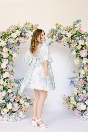 Jenny Floral Printed Mini Dress with Pleats and Bow Detail #8 Blue thumbnail