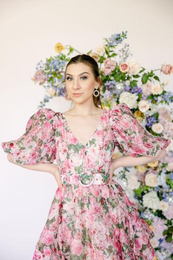 Lily Floral Print Mini Dress with Poof Sleeve and Belt Detail #5 Pink thumbnail