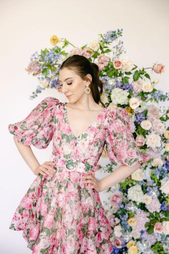 Lily Floral Print Mini Dress with Poof Sleeve and Belt Detail #6 Pink thumbnail