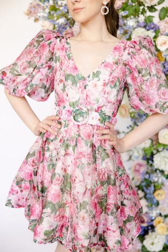 Lily Floral Print Mini Dress with Poof Sleeve and Belt Detail #2 Pink thumbnail