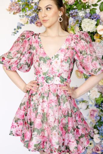 Lily Floral Print Mini Dress with Poof Sleeve and Belt Detail #7 default Pink thumbnail