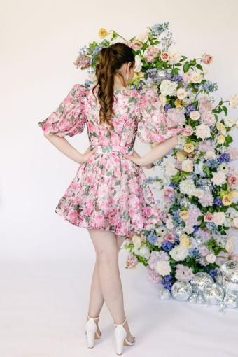 Lily Floral Print Mini Dress with Poof Sleeve and Belt Detail #4 Pink thumbnail