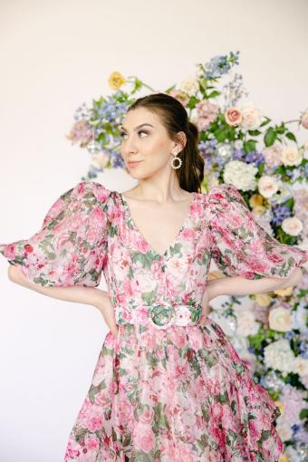 Lily Floral Print Mini Dress with Poof Sleeve and Belt Detail #3 Pink thumbnail