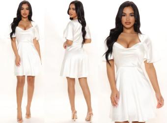 Harper White Satin Mini Dress with Flutter Sleeve #11 White thumbnail